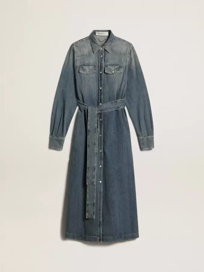 Abito camicia da donna in denim con cintura