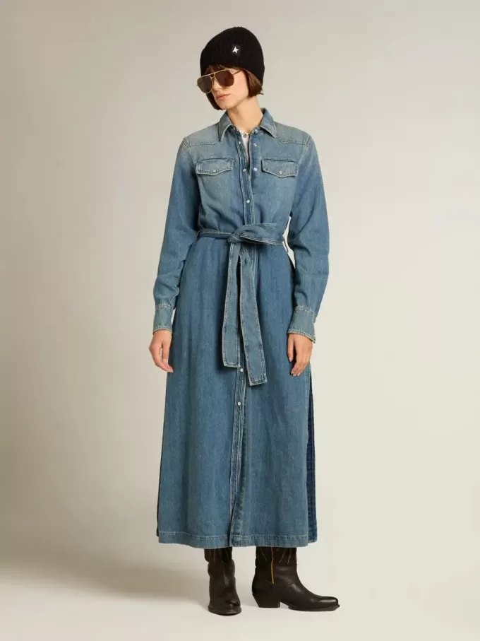 Abito camicia da donna in denim con cintura