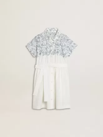 Abito chemisier da bambina in tela di cotone bianca con stampa nautica blu e bordino bianco
