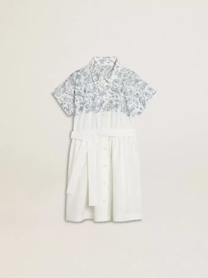 Abito chemisier da bambina in tela di cotone bianca con stampa nautica blu e bordino bianco