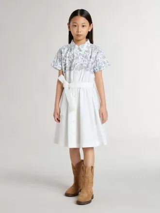 Abito chemisier da bambina in tela di cotone bianca con stampa nautica blu e bordino bianco