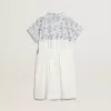 Abito chemisier da bambina in tela di cotone bianca con stampa nautica blu e bordino bianco