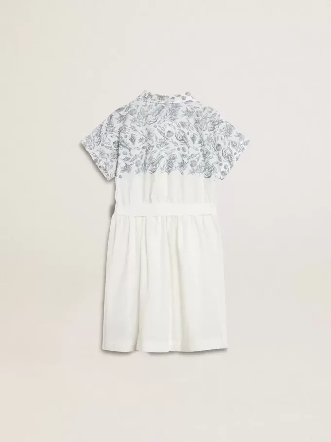 Abito chemisier da bambina in tela di cotone bianca con stampa nautica blu e bordino bianco
