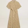 Abito chemisier da donna a maniche corte in jacquard floreale beige