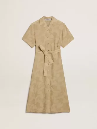 Abito chemisier da donna a maniche corte in jacquard floreale beige
