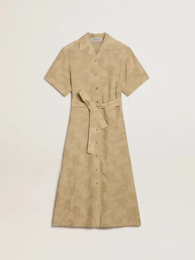 Abito chemisier da donna a maniche corte in jacquard floreale beige
