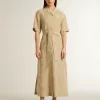 Abito chemisier da donna a maniche corte in jacquard floreale beige