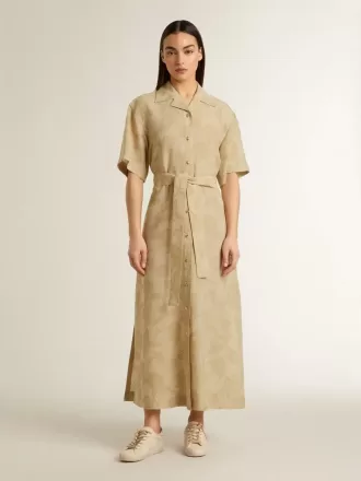 Abito chemisier da donna a maniche corte in jacquard floreale beige