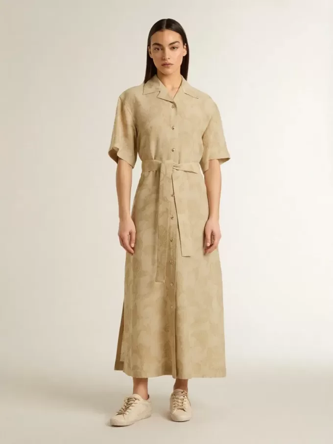 Abito chemisier da donna a maniche corte in jacquard floreale beige