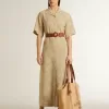 Abito chemisier da donna a maniche corte in jacquard floreale beige