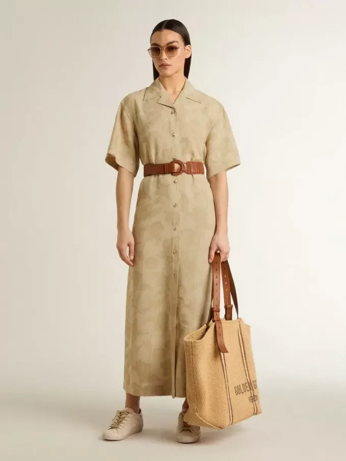 Abito chemisier da donna a maniche corte in jacquard floreale beige