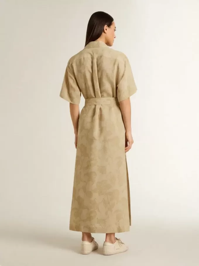 Abito chemisier da donna a maniche corte in jacquard floreale beige