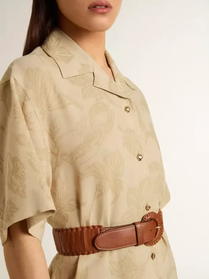 Abito chemisier da donna a maniche corte in jacquard floreale beige