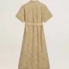 Abito chemisier da donna a maniche corte in jacquard floreale beige