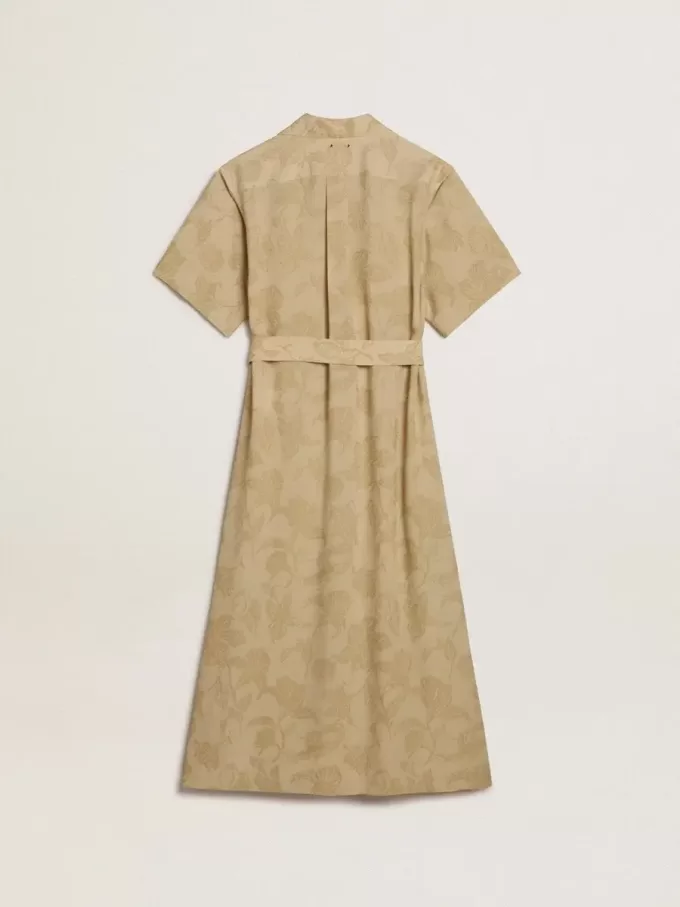Abito chemisier da donna a maniche corte in jacquard floreale beige