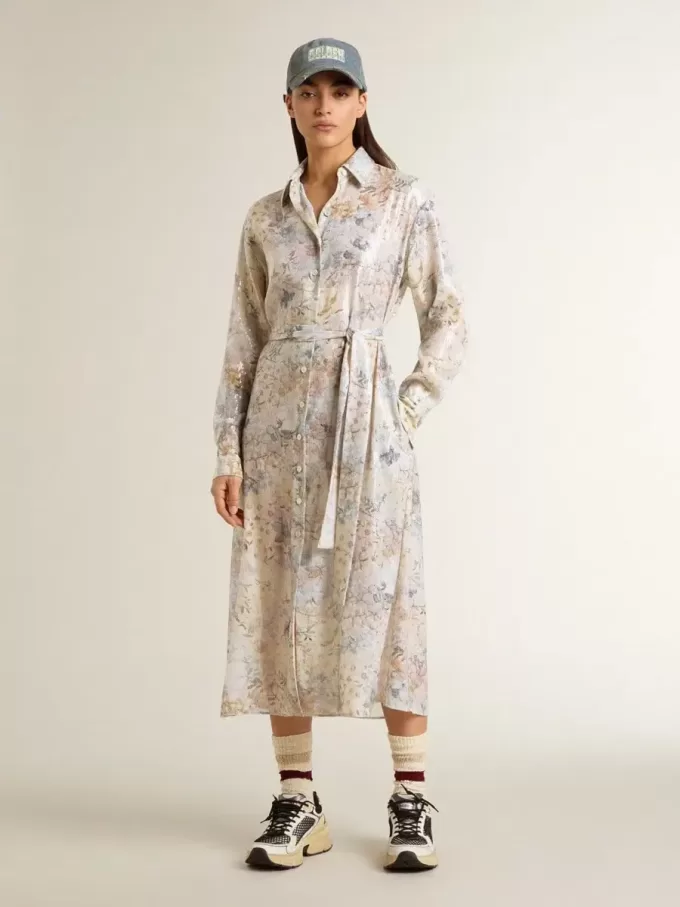 Abito chemisier da donna con stampa floreale multicolore con paillettes