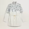 Abito corto da donna in cotone a righe bianche con stampa blu marino