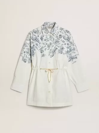 Abito corto da donna in cotone a righe bianche con stampa blu marino