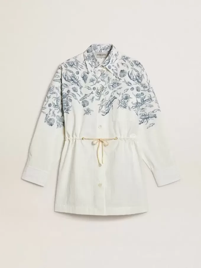 Abito corto da donna in cotone a righe bianche con stampa blu marino