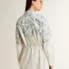 Abito corto da donna in cotone a righe bianche con stampa blu marino