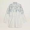 Abito corto da donna in cotone a righe bianche con stampa blu marino