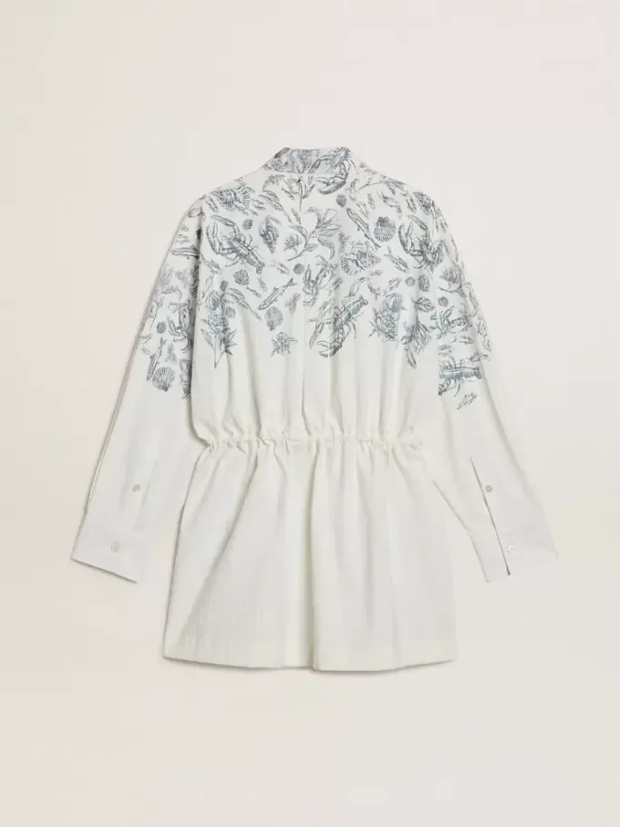 Abito corto da donna in cotone a righe bianche con stampa blu marino