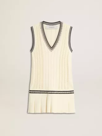 Abito da donna in cotone bianco consumato con bordi blu scuro e cristalli