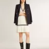 Abito da donna in cotone bianco consumato con bordi blu scuro e cristalli