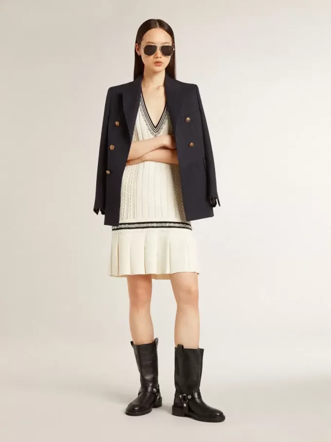 Abito da donna in cotone bianco consumato con bordi blu scuro e cristalli