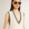 Abito da donna in cotone bianco consumato con bordi blu scuro e cristalli
