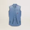 Abito in denim da bambina con nodo frontale e ricami Abito in denim da bambina con nodo frontale e ricami