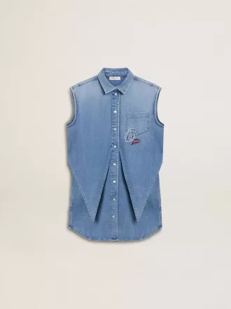 Abito in denim da bambina con nodo frontale e ricami