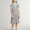 Abito midi da bambina in misto cotone a righe con ricami