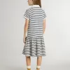 Abito midi da bambina in misto cotone a righe con ricami