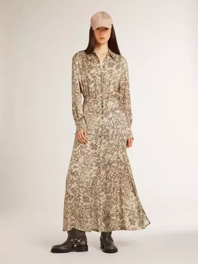 Abito midi da donna in misto seta con stampa floreale