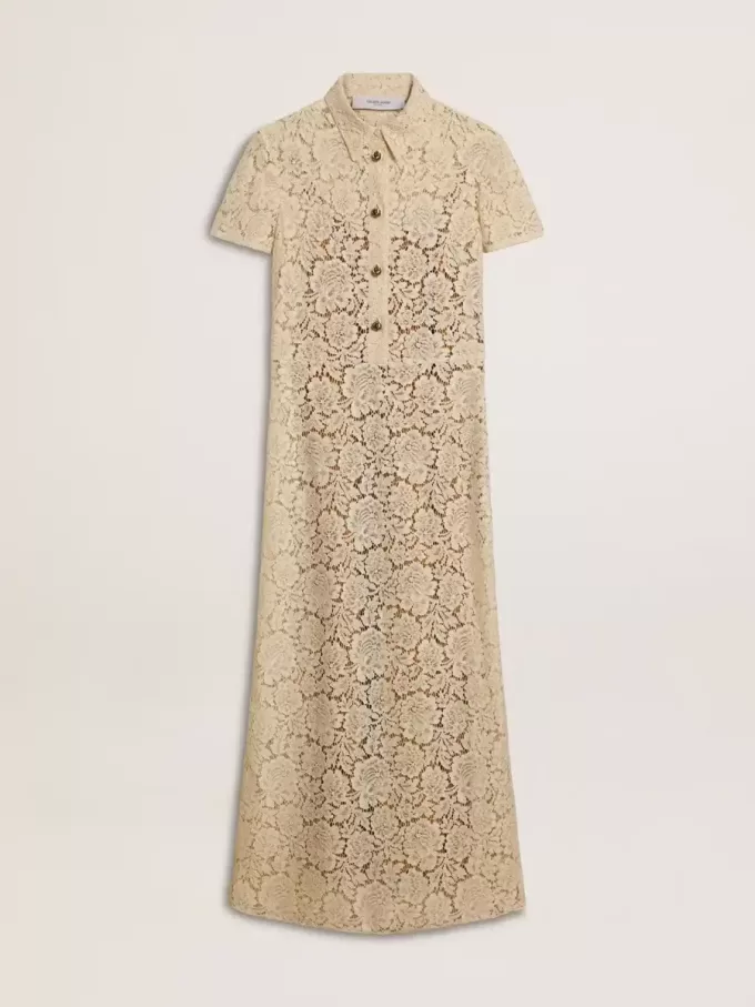 Abito midi da donna in pizzo trasparente color crema