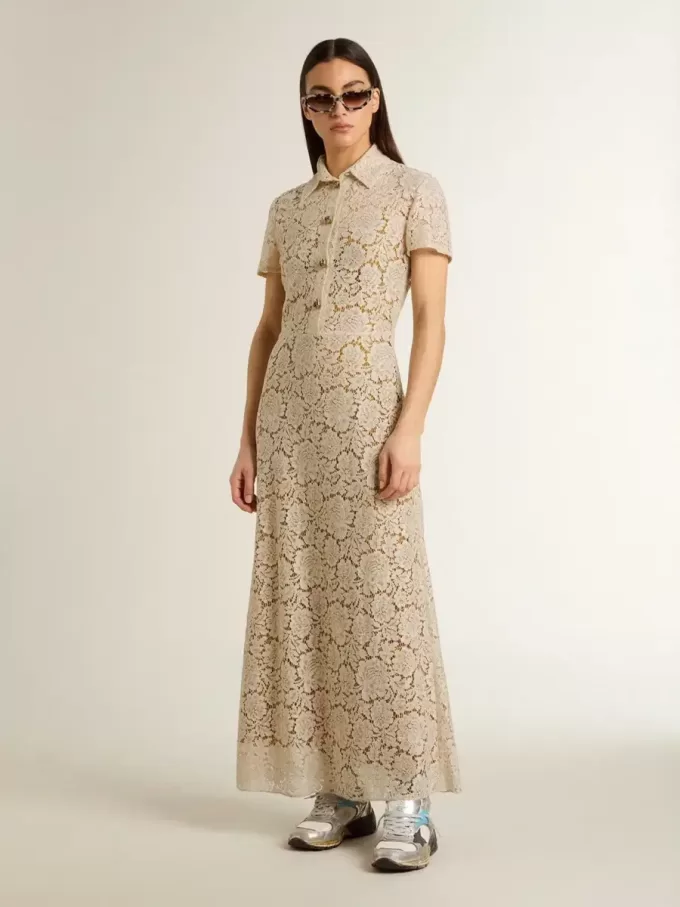 Abito midi da donna in pizzo trasparente color crema
