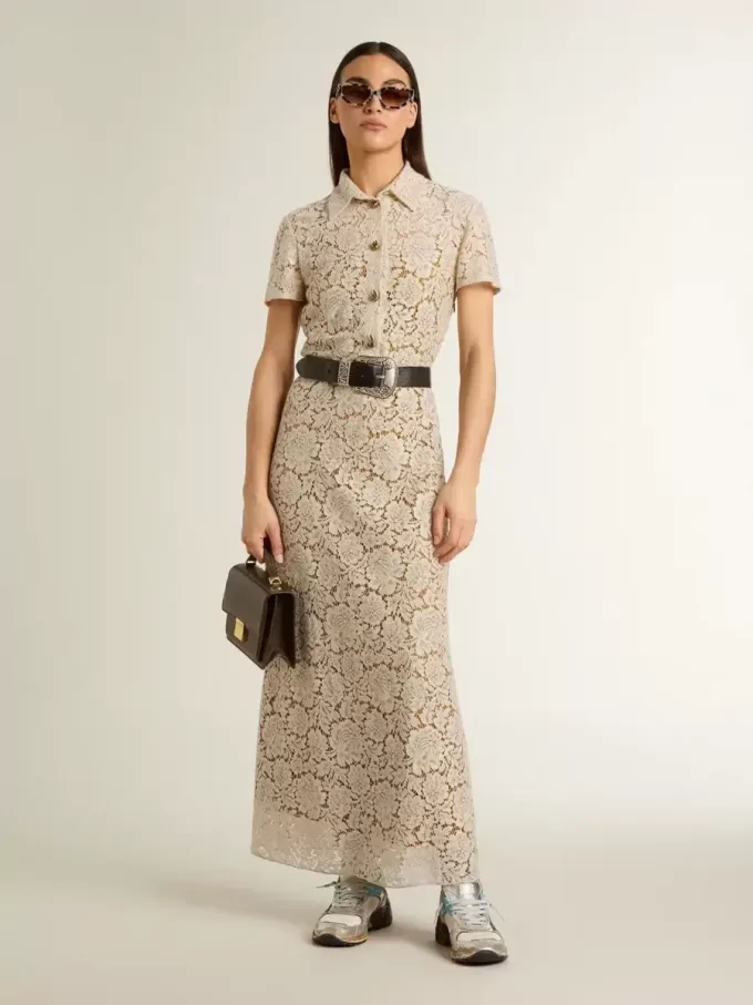Abito midi da donna in pizzo trasparente color crema