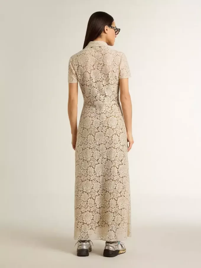 Abito midi da donna in pizzo trasparente color crema