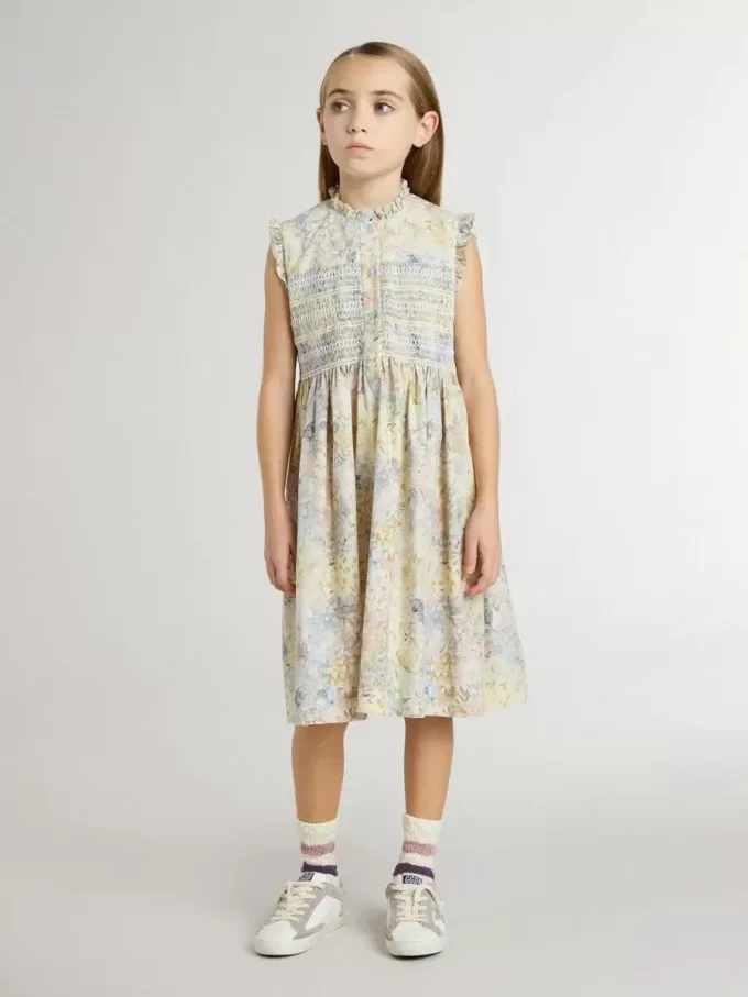 Abito midi in cotone da bambina con stampa floreale multicolore