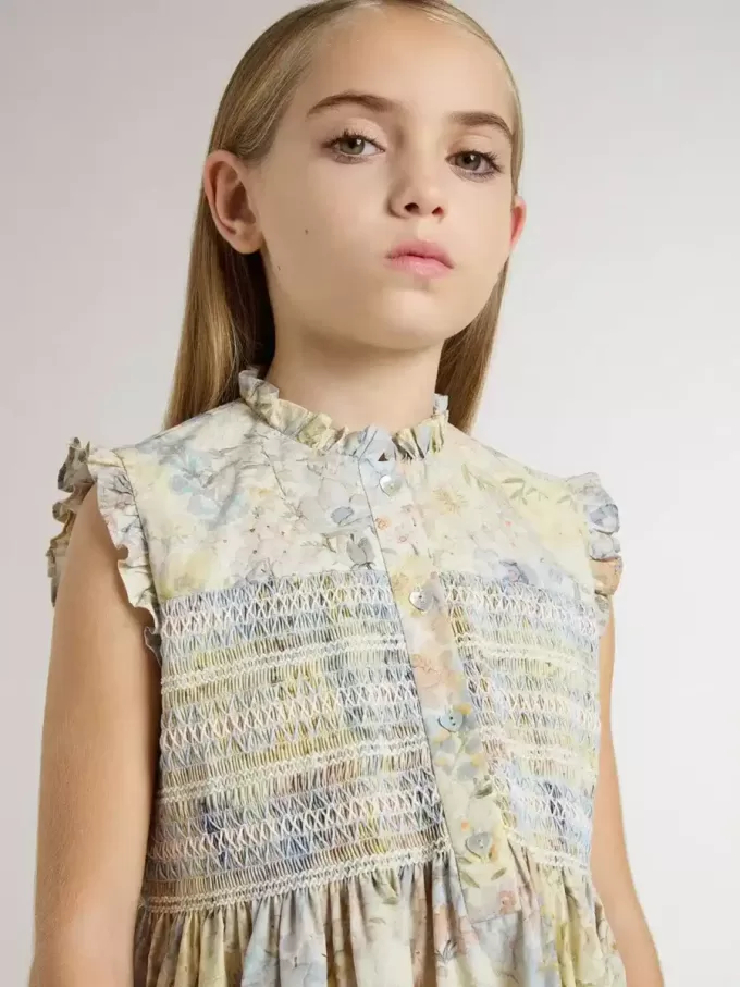 Abito midi in cotone da bambina con stampa floreale multicolore
