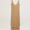 Abito midi senza maniche da donna in maglia beige con frange