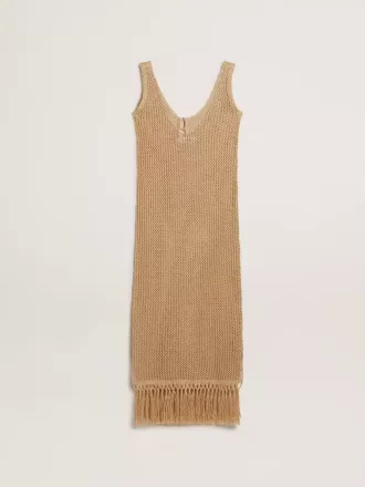 Abito midi senza maniche da donna in maglia beige con frange