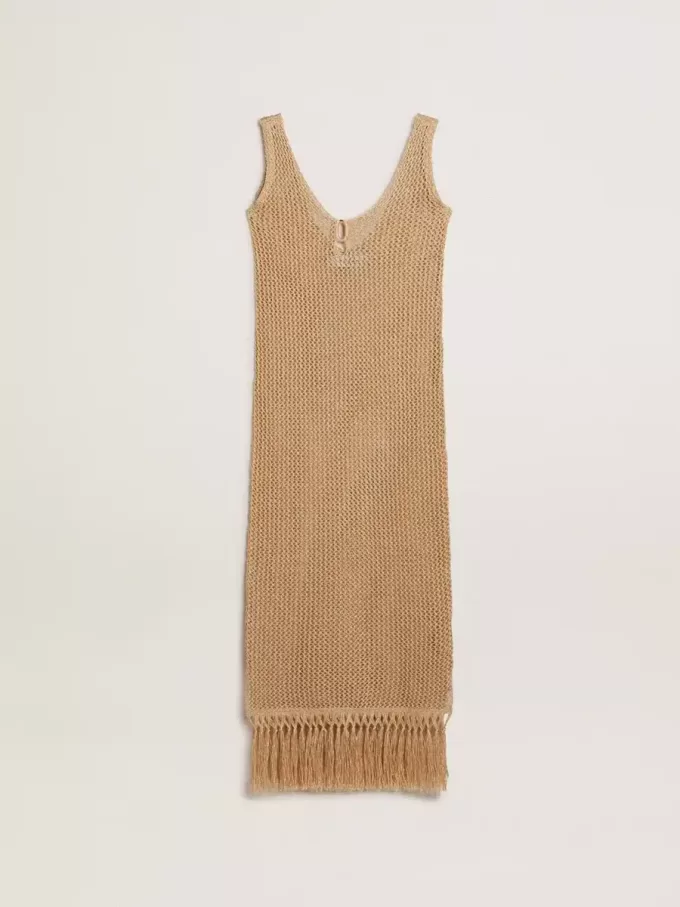 Abito midi senza maniche da donna in maglia beige con frange