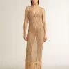 Abito midi senza maniche da donna in maglia beige con frange