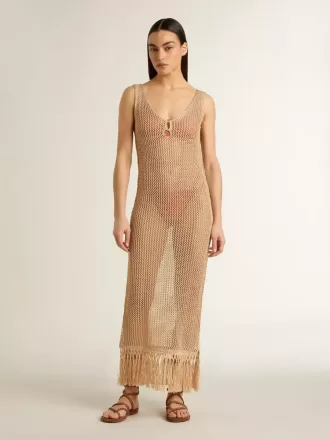 Abito midi senza maniche da donna in maglia beige con frange