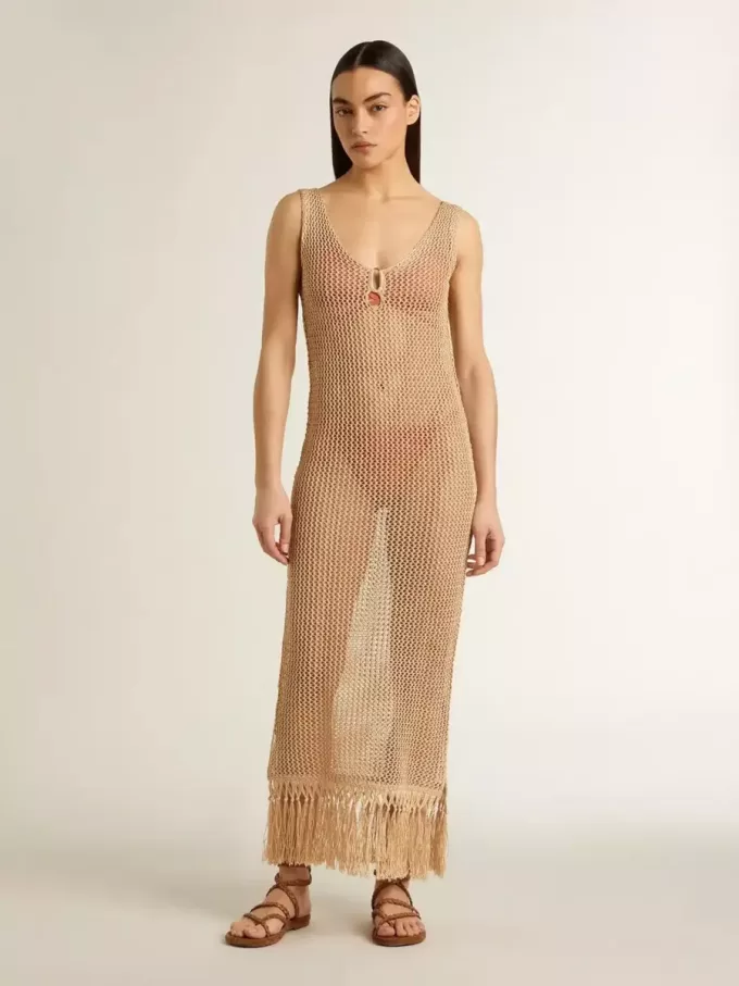 Abito midi senza maniche da donna in maglia beige con frange