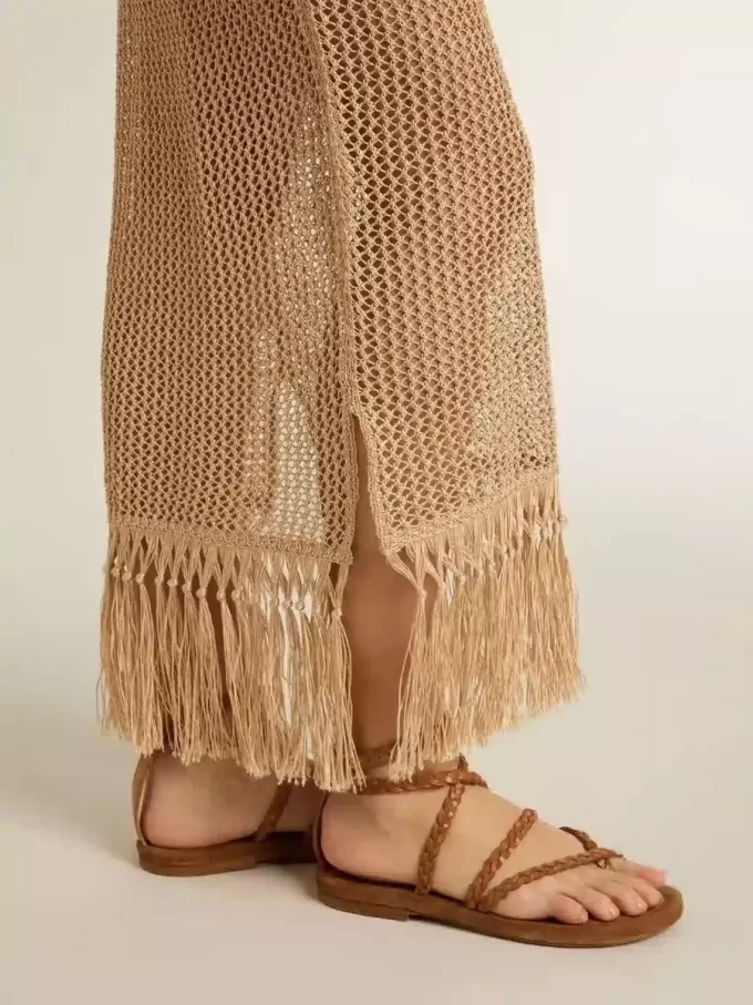 Abito midi senza maniche da donna in maglia beige con frange
