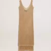 Abito midi senza maniche da donna in maglia beige con frange