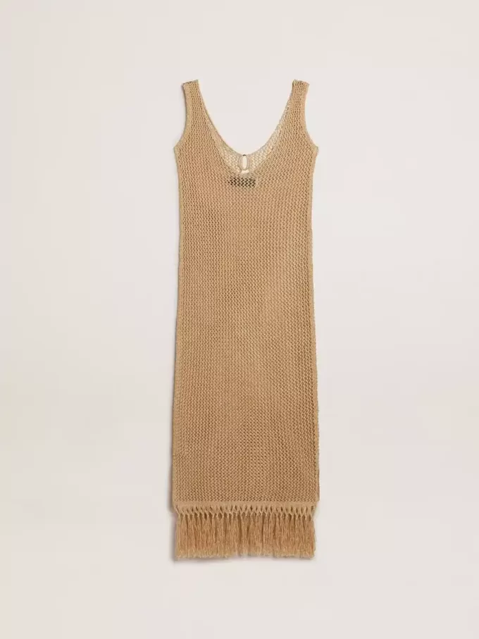 Abito midi senza maniche da donna in maglia beige con frange